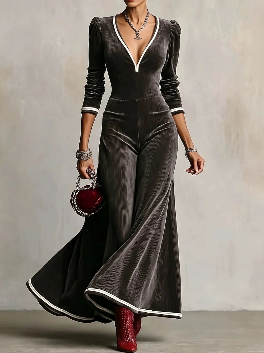 ZARA Dark Grey Ribbed Velvet White Trim Puff Sleeve Gown
